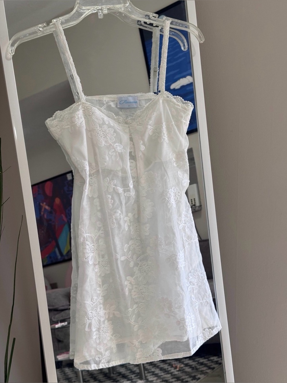 Remmus White Sheer Embroidered Lace Babydoll Slip Dress Small
